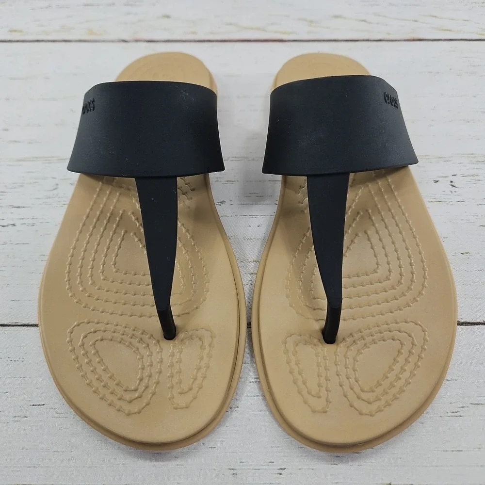 Crocs Tulum Womens Size 4 Black Flip Flop T Strap Slide Sandal‎ Beach 206752